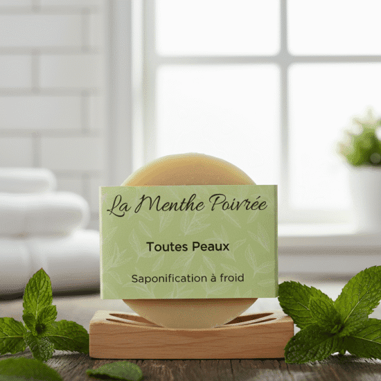 Savon artisanal à la menthe poivrée pour toutes peaux, posé sur porte-savon en bois avec feuilles de menthe fraîche et serviettes blanches en arrière-plan.