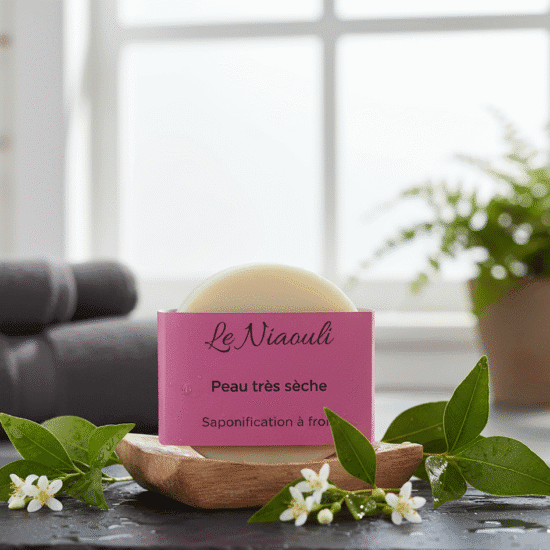 Savon artisanal Le Niaouli pour peau très sèche, posé sur porte-savon en bois avec feuillage et serviettes spa en arrière-plan.