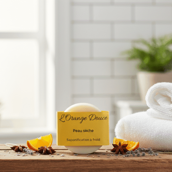 Savon artisanal à l’orange douce pour peau sèche, posé sur bois avec tranches d’orange, lavande et anis étoilé dans une salle de bain lumineuse.