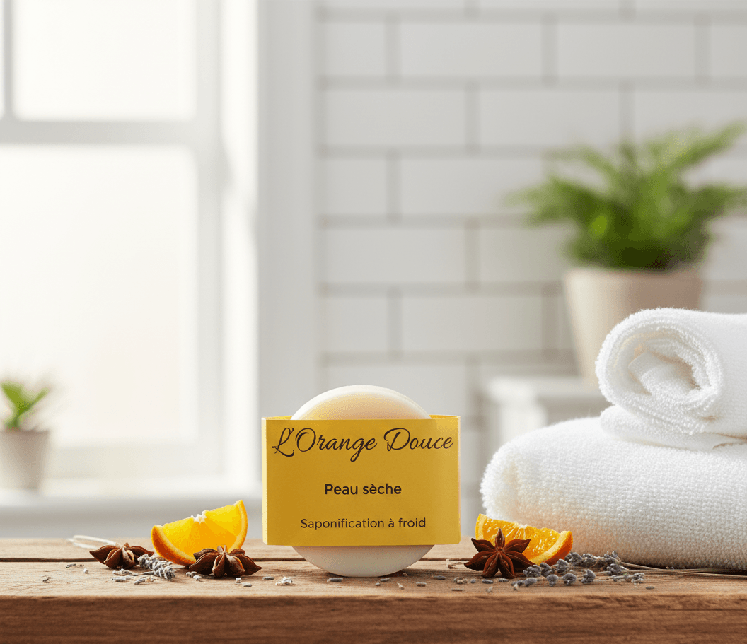 Savon artisanal à l’orange douce pour peau sèche, posé sur bois avec tranches d’orange, lavande et anis étoilé dans une salle de bain lumineuse.