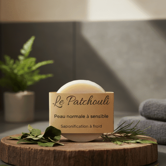 Savon artisanal Le Patchouli pour peau normale à sensible, posé sur bois avec feuillage et serviettes foncées dans une ambiance spa.